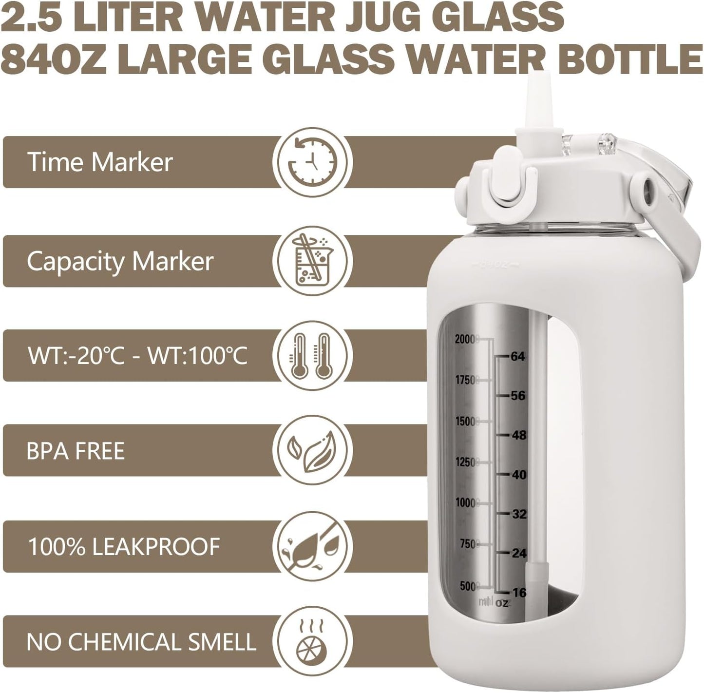 64oz Glass Water Bottles with Straw, Half Gallon Motivational Glass Bottle with Silicone Sleeve and Time Marker, 2L Leakproof Large Glass Water Jug for Gym Home Office,olive