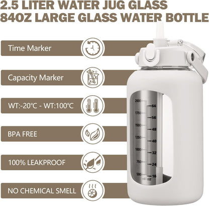 64oz Glass Water Bottles with Straw, Half Gallon Motivational Glass Bottle with Silicone Sleeve and Time Marker, 2L Leakproof Large Glass Water Jug for Gym Home Office,olive