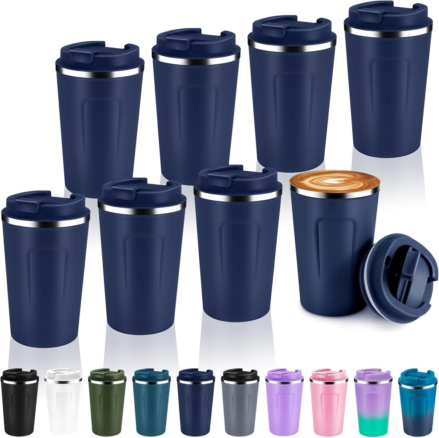 Volhoply 12 oz Double Wall Insulated Vacuum Travel Coffee Mugs with Flip Lid Bulk 2 Pack,Reusable Stainless Steel Leak Proof Coffee Cup,Portable Cafe Thermal Tumbler for Hot & Cold Drinks(Mix,2 Set)