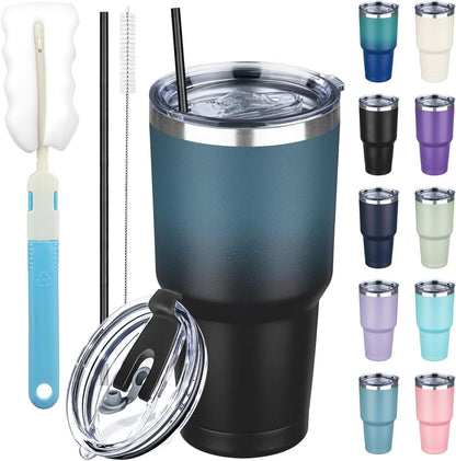 20 oz Tumbler with Lids and Straws, Stainless Steel Insulated Coffee Tumbler, Double Wall Vacuum Insulated Travel Mug Cup, Leakproof Thermal Coffee Cup for Hot and Cold Drinks (azure blue)
