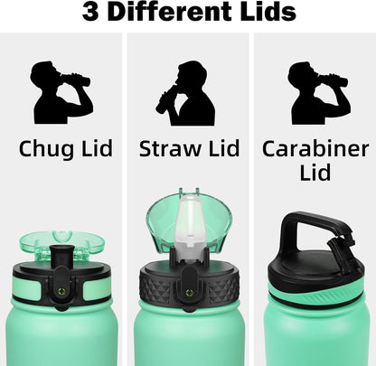 Oldley Insulated Water Bottle 20oz for Adults Kids Stainless Steel Water Bottles with Straw/Chug/Carabiner 3 Lids Fruit Strainer Double Wall Vacuum Wide Mouth BPA Free Leak-Proof for School Travel