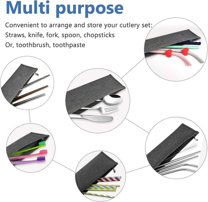 Aosbos Reusable Stainless Steel Straw Case - Metal Pouch with Silicone Straws - Travel Utensil Sets Pouch, Black