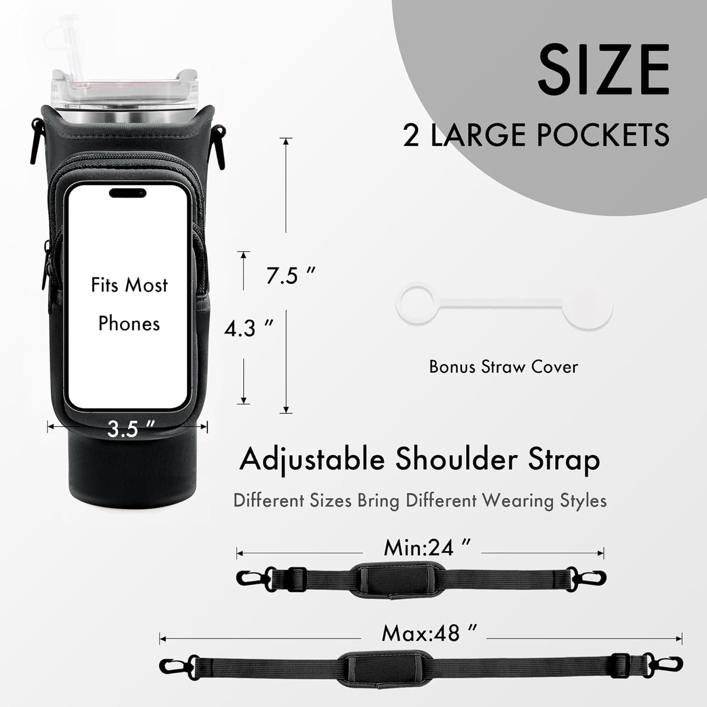 JEBEALUO Water Bottle Carrier Bag with Phone Pocket for Stanley Cup 40/30 oz, Water Bottle Holder with Adjustable Strap& Straw Cover, Stanley Cup Accessories