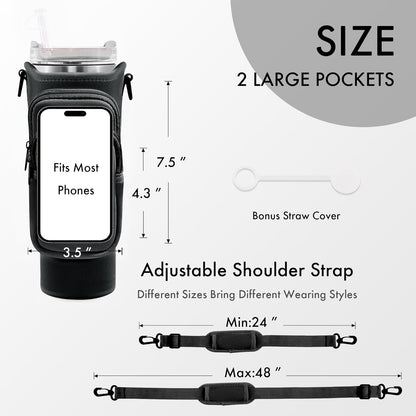 JEBEALUO Water Bottle Carrier Bag with Phone Pocket for Stanley Cup 40/30 oz, Water Bottle Holder with Adjustable Strap& Straw Cover, Stanley Cup Accessories