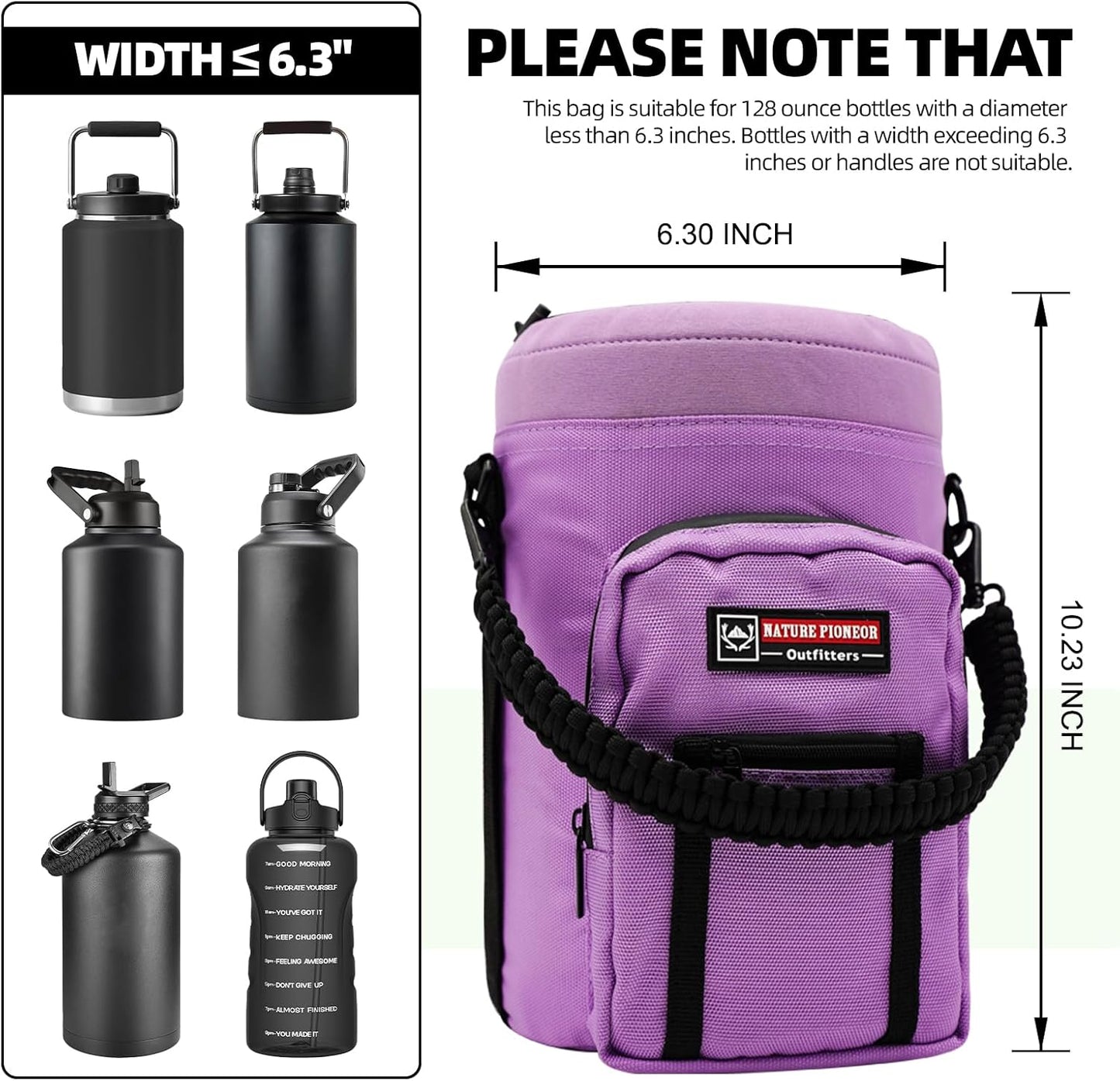NATURE PIONEOR Water Bottle Holder with Adjustable Strap - Half/One Gallon (64/128oz) Insulated Water Bottle Sling Carrier with Phone Pocket & Paracord Handle, Outdoor Camping, Hiking, Gym
