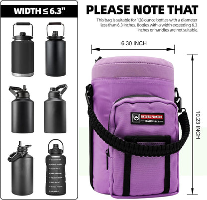 NATURE PIONEOR Water Bottle Holder with Adjustable Strap - Half/One Gallon (64/128oz) Insulated Water Bottle Sling Carrier with Phone Pocket & Paracord Handle, Outdoor Camping, Hiking, Gym