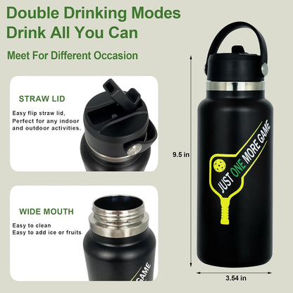 Pickleball Water Bottle 32 oz, Gifts for Pickleball Lovers, Wide Mouth Vacuum Insulated Sports Bottle with 2 Leakproof Lids, Stainless Steel Cup with Straw for Cold Drinks