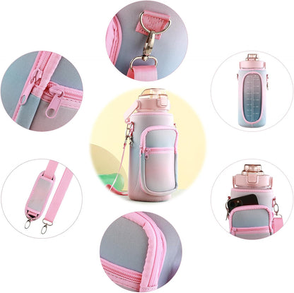 Large Motivational Water Bottle with Straw Time Marker BPA Free for Sport and Fitness (Pink Blue, 64 Oz / Half Gallon)