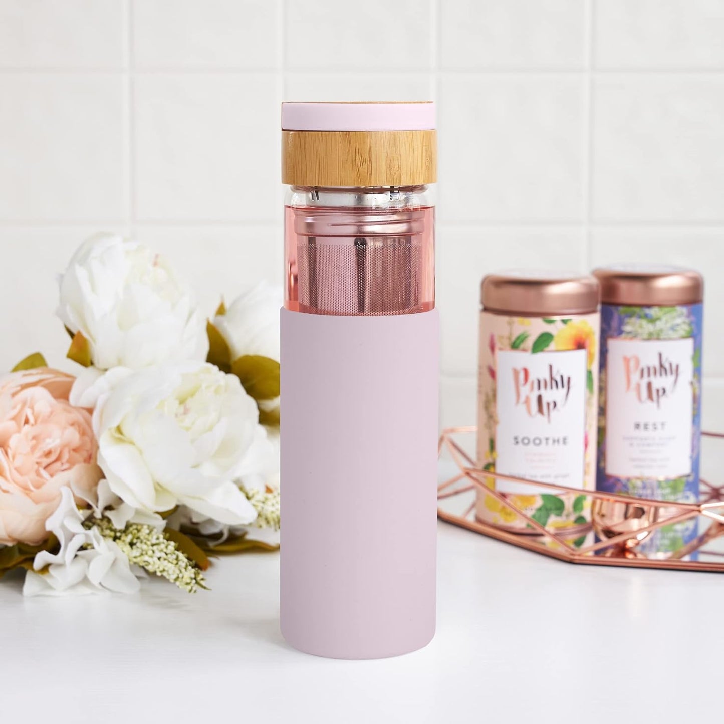 Pinky Up Blair Travel Tea Infuser Mug, Double Walled Insulated Travel Tumbler with Loose Leaf Tea Strainer, Travel Coffee Mug, Keeps Drinks Hot or Cold, 16 oz, White Leaf
