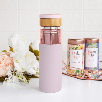 Pinky Up Blair Travel Tea Infuser Mug, Double Walled Insulated Travel Tumbler with Loose Leaf Tea Strainer, Travel Coffee Mug, Keeps Drinks Hot or Cold, 16 oz, White Leaf