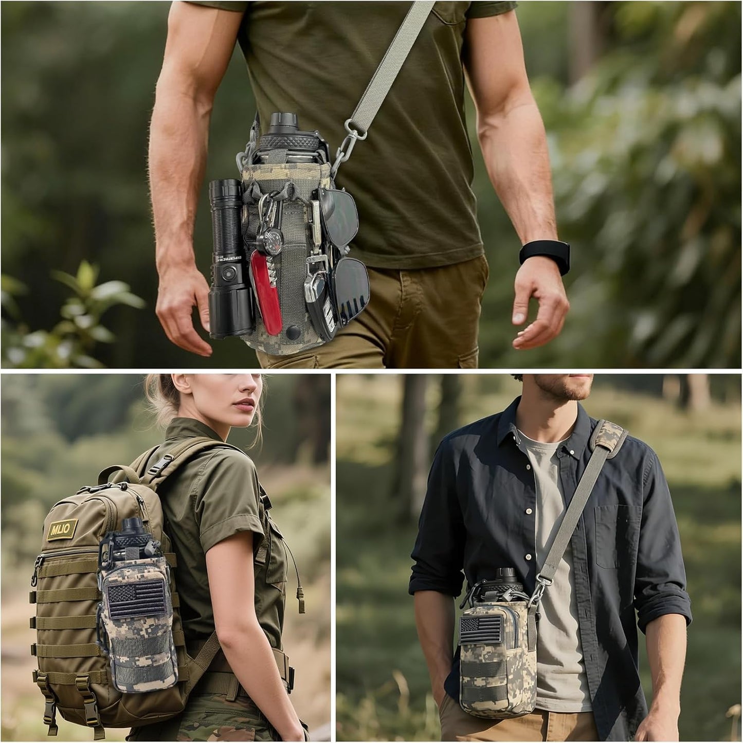 Water Bottle Holder with Strap - Tactical Insulated Water Bottle Sleeve with MOLLE System Water Bottle Cover Cross-Body Pouch for Walking Hiking Camping Gym 32oz&40oz