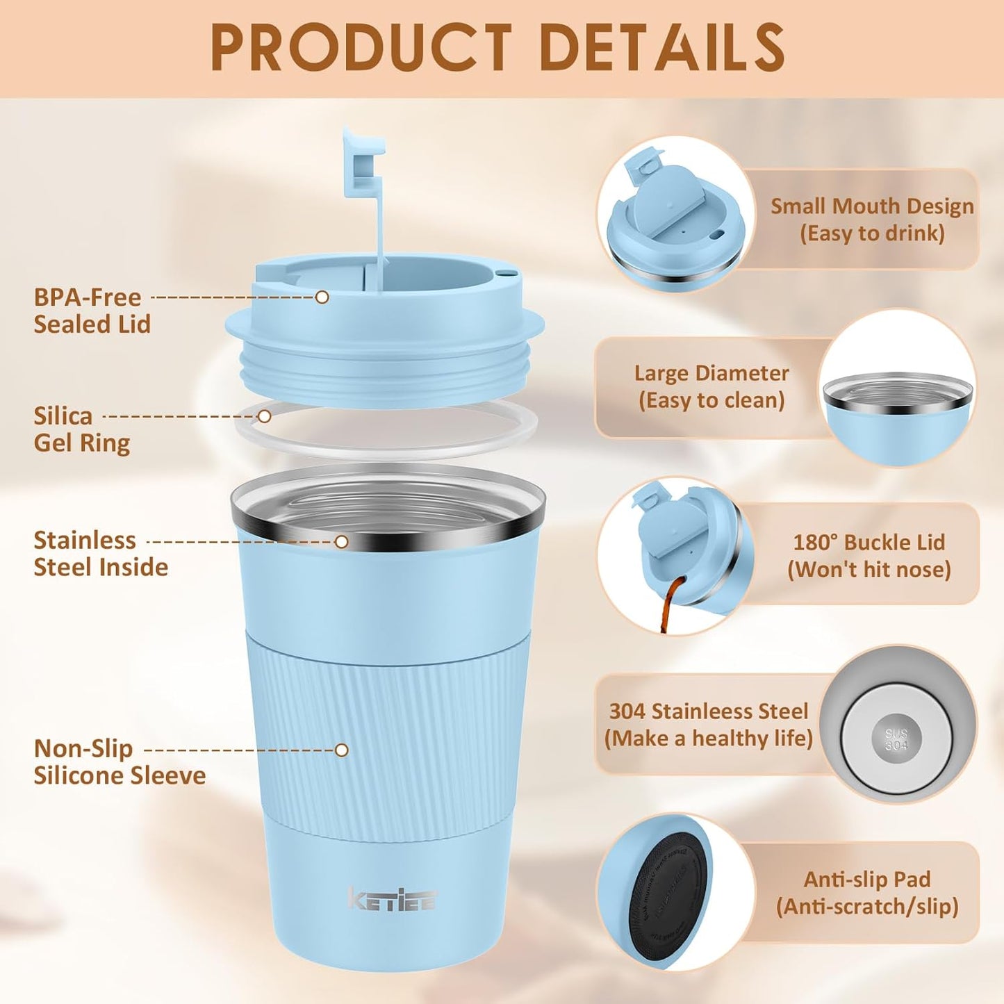 KETIEE Travel Coffee Mug Spill Proof 12oz, Insulated Travel Mug to Go, Reusable Coffee Cup with Seal Lid, Vacuum Stainless Steel Tumbler for Hot/Cold Drinks (Red)