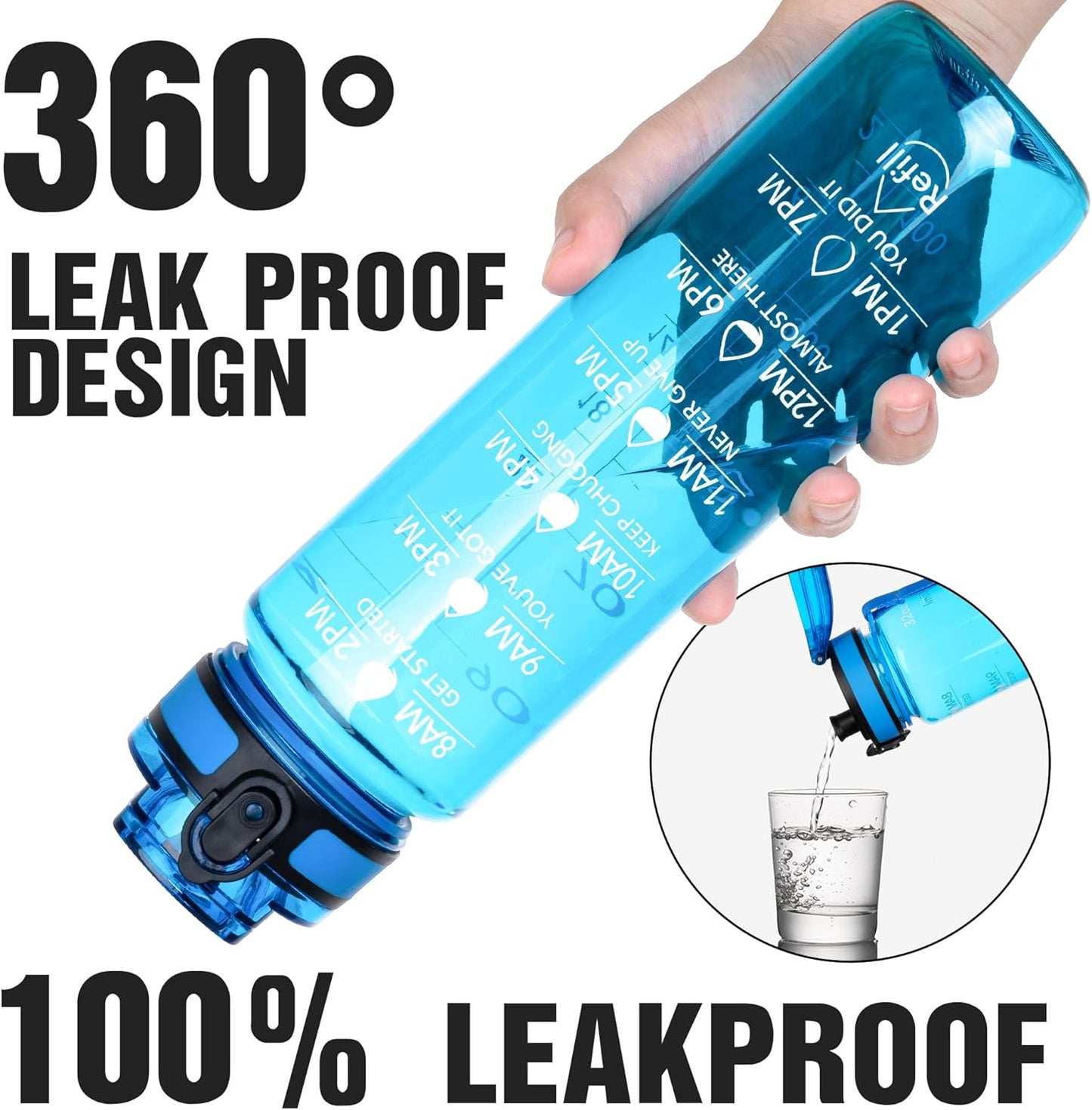 OLDLEY Water Bottle, 32oz Motivational Sports Water Bottle with Time Marker - Times to Drink - Tritan, BPA Free, Wide Mouth Leakproof, Clear (1 Bottle)