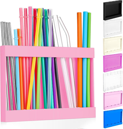 Qinyoung Acrylic Straw Holder for Cabinet Door with Double Sided Adhesive Tape Reusable Straw Organizer Tumbler Storage Kitchen Accessories Container for Counter Cupboard(Classic,Large,Transparent)