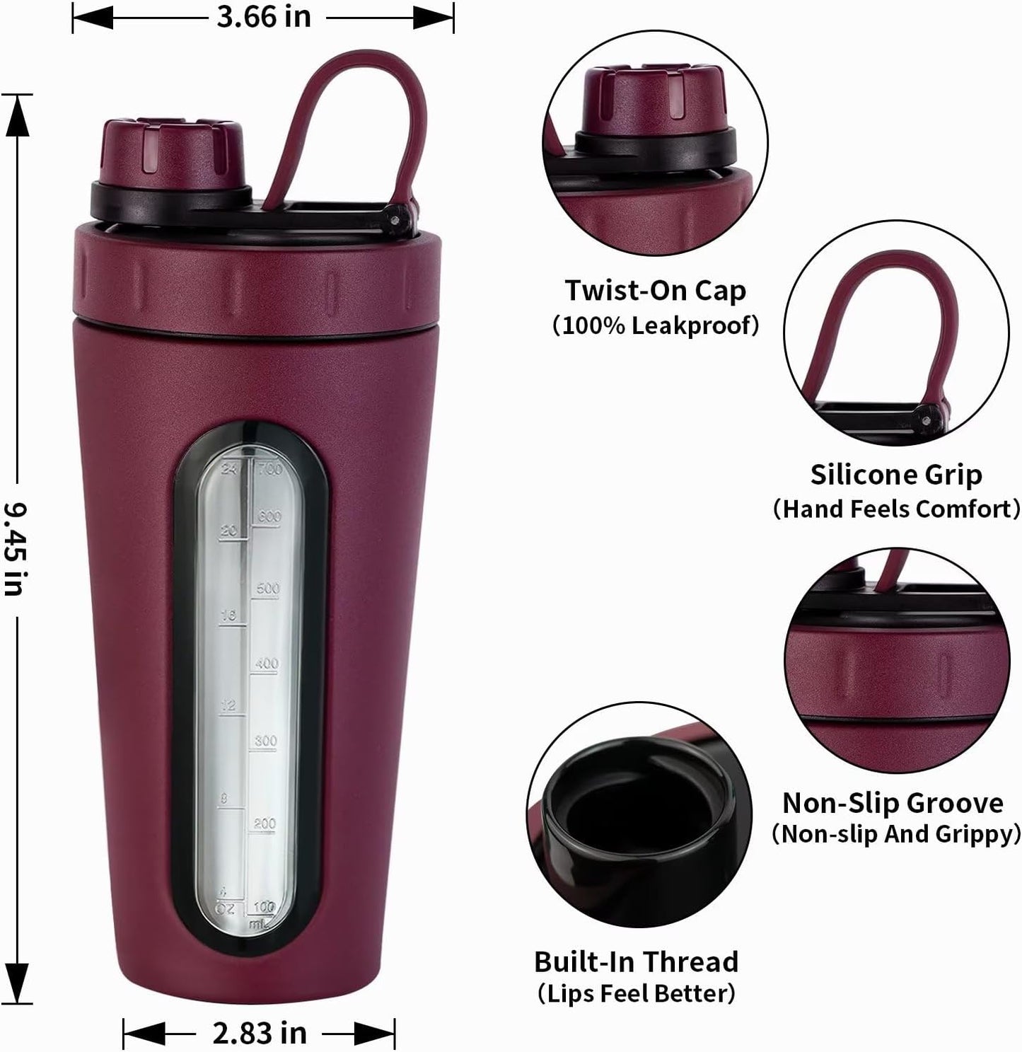 TOOFEEL Shaker Bottles for Protein Mixes 28 oz Stainless Steel Protein Shaker with 2 Mixing Ball, Not Stays Cold/Hot, Visible Window Metal Shaker Cups, Leakproof, BPA Free Bottle Shaker