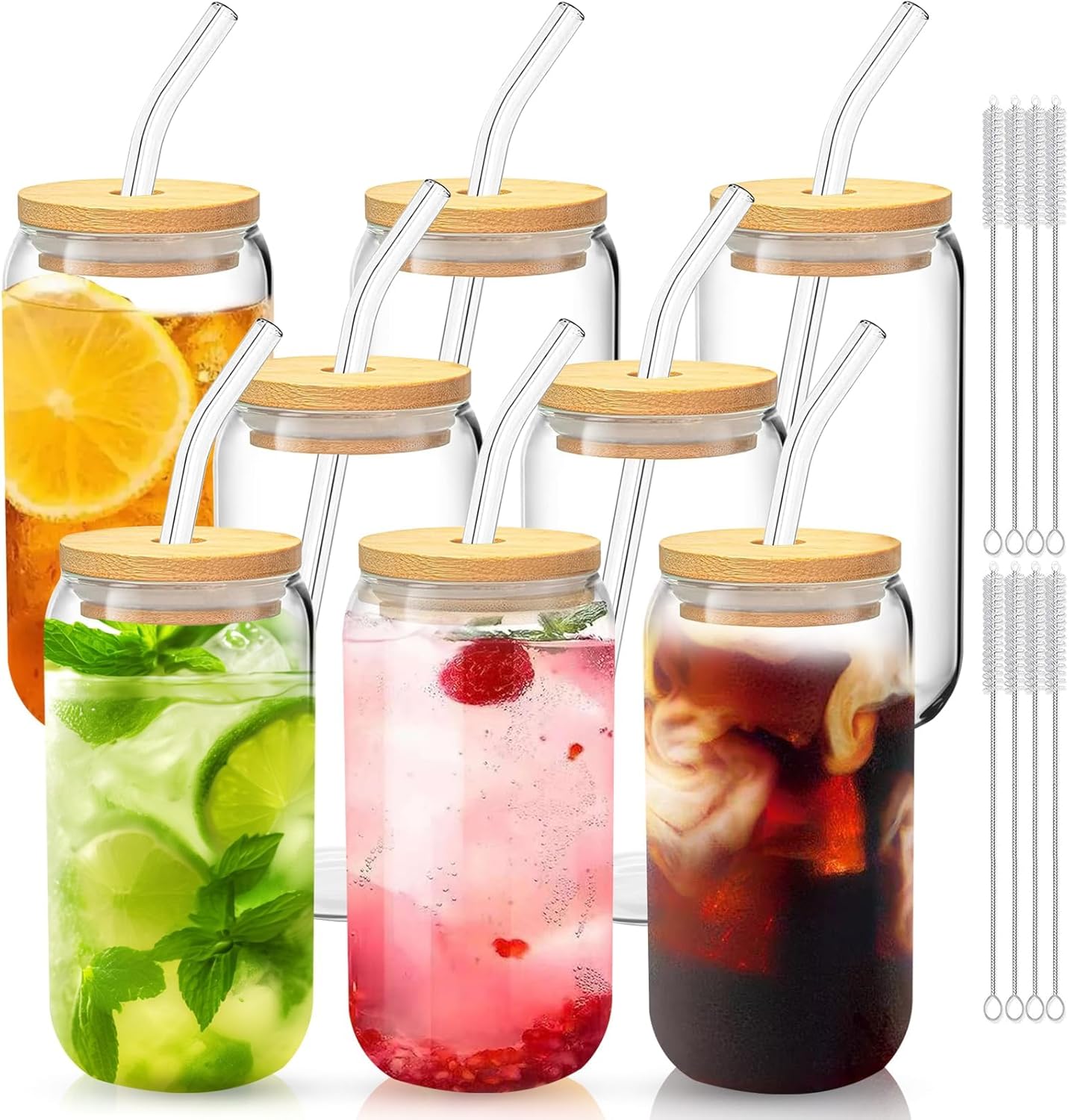 Glass Cups with Lids and Straws 1Pack,Glass Coffee Cups,Glass Cup with Lid for Iced Coffee,Smoothie,Cocktail,Beer,Whiskey,Soda,Matcha,16 Oz Glass Cup with Bamboo Lid,1 Brush