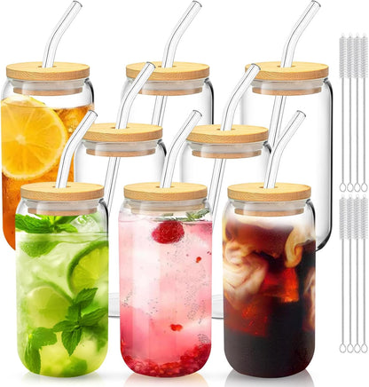 Glass Cups with Lids and Straws 1Pack,Glass Coffee Cups,Glass Cup with Lid for Iced Coffee,Smoothie,Cocktail,Beer,Whiskey,Soda,Matcha,16 Oz Glass Cup with Bamboo Lid,1 Brush