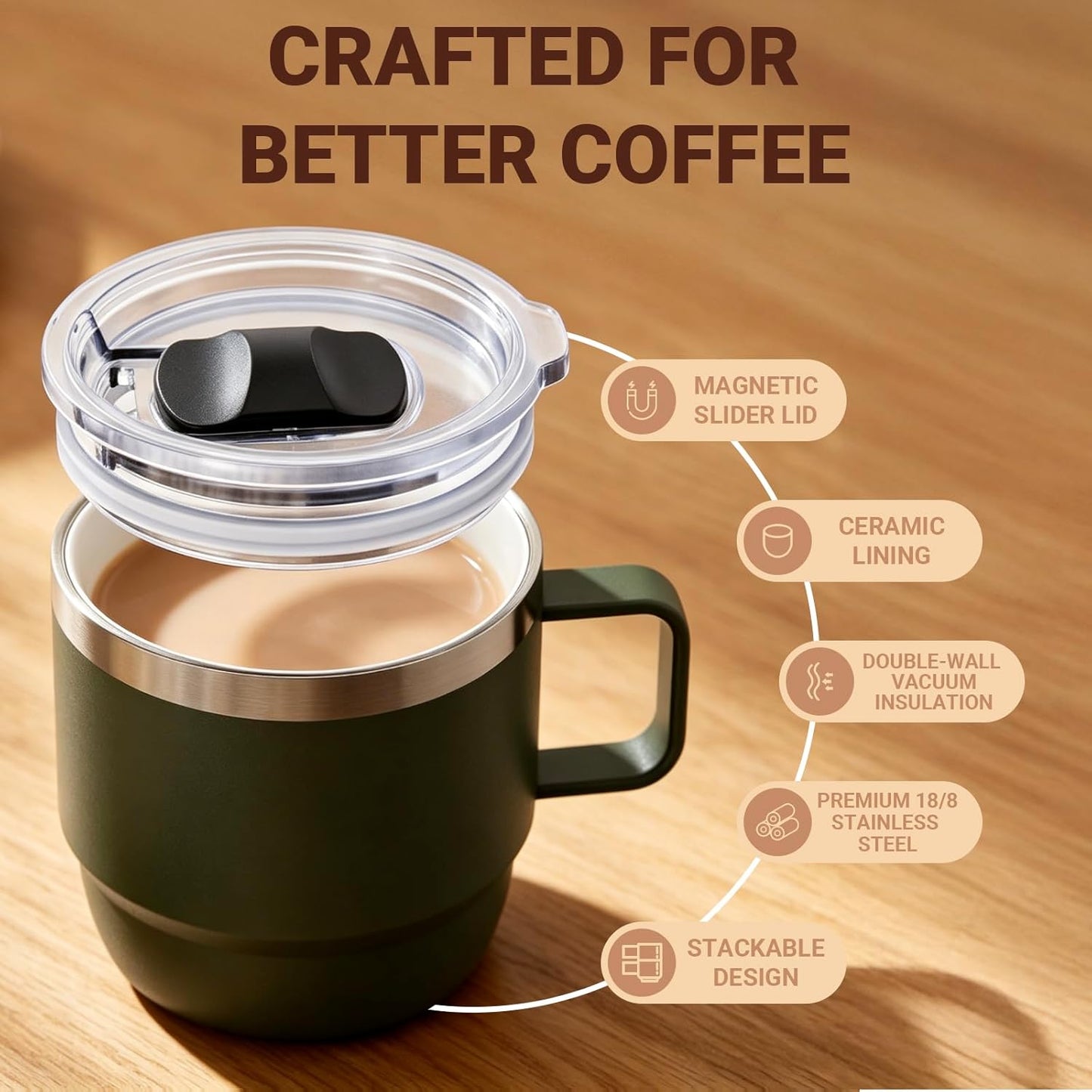 Zenbo 8 oz Small Coffee Mug with Magnetic Sliding Lid & Handle, Ceramic-Lined 18/8 Stainless Steel, Double-Wall Vacuum Insulated Espresso Coffee Cup, Stackable & Dishwasher Safe, White