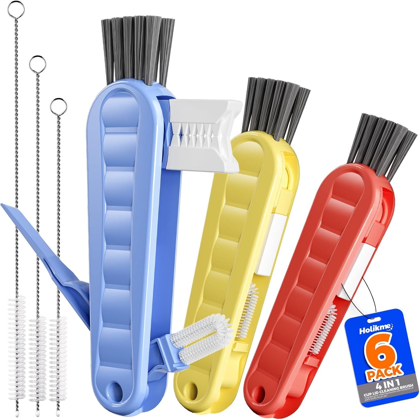 6 PACK Holikme 4 in 1 Cup Lid Cleaning Brush Set with 3 Straws, Multifunctional Bottle Brush, Silicone Cup Lid Gap Cleaner, Durable Bristle Crevice Cleaning Brush,Flat End Brushes,Navy & Black & Olive