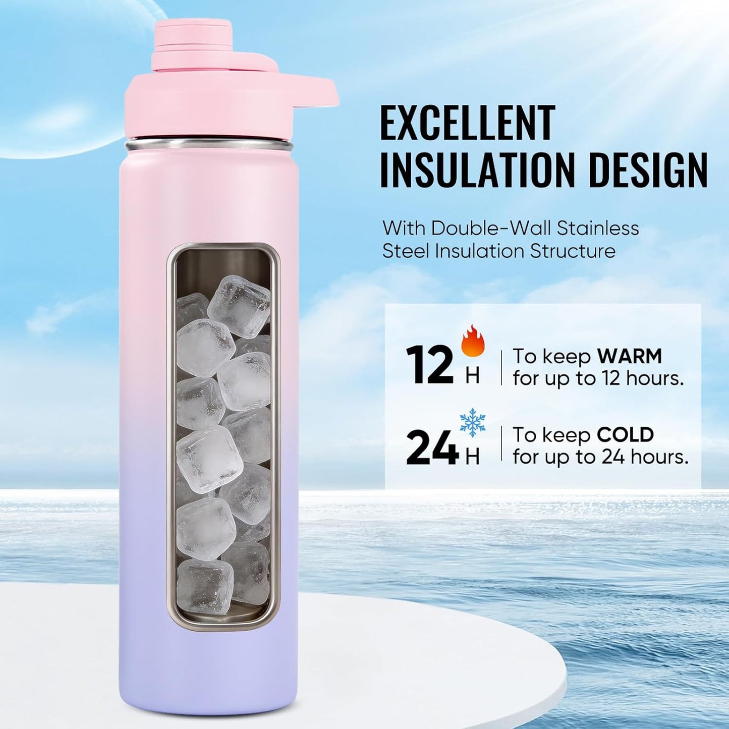 Fijinhom 24 oz Insulated Water Bottle with Handle, 304 Stainless Steel Water Bottles with Wide Mouth, Double Wall Vacuum Sports Water Bottle, BPA Free, Keep Cold and Hot, Black | with Handle
