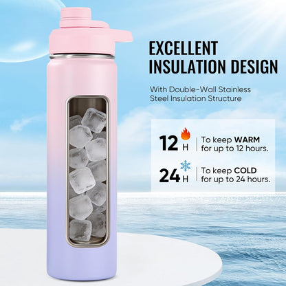 Fijinhom 24 oz Insulated Water Bottle with Handle, 304 Stainless Steel Water Bottles with Wide Mouth, Double Wall Vacuum Sports Water Bottle, BPA Free, Keep Cold and Hot, Black | with Handle