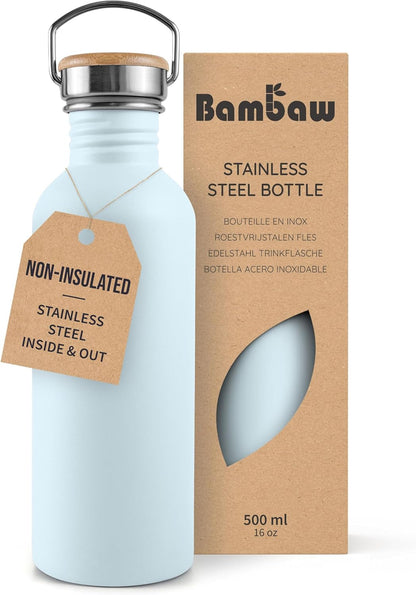 Bambaw Stainless Steel Water Bottles 32 oz, Non-insulated Single Wall Metal Water Bottle Stainless Steel, Reusable & Eco Friendly, Dishwasher Safe – Silver | Non-insulated