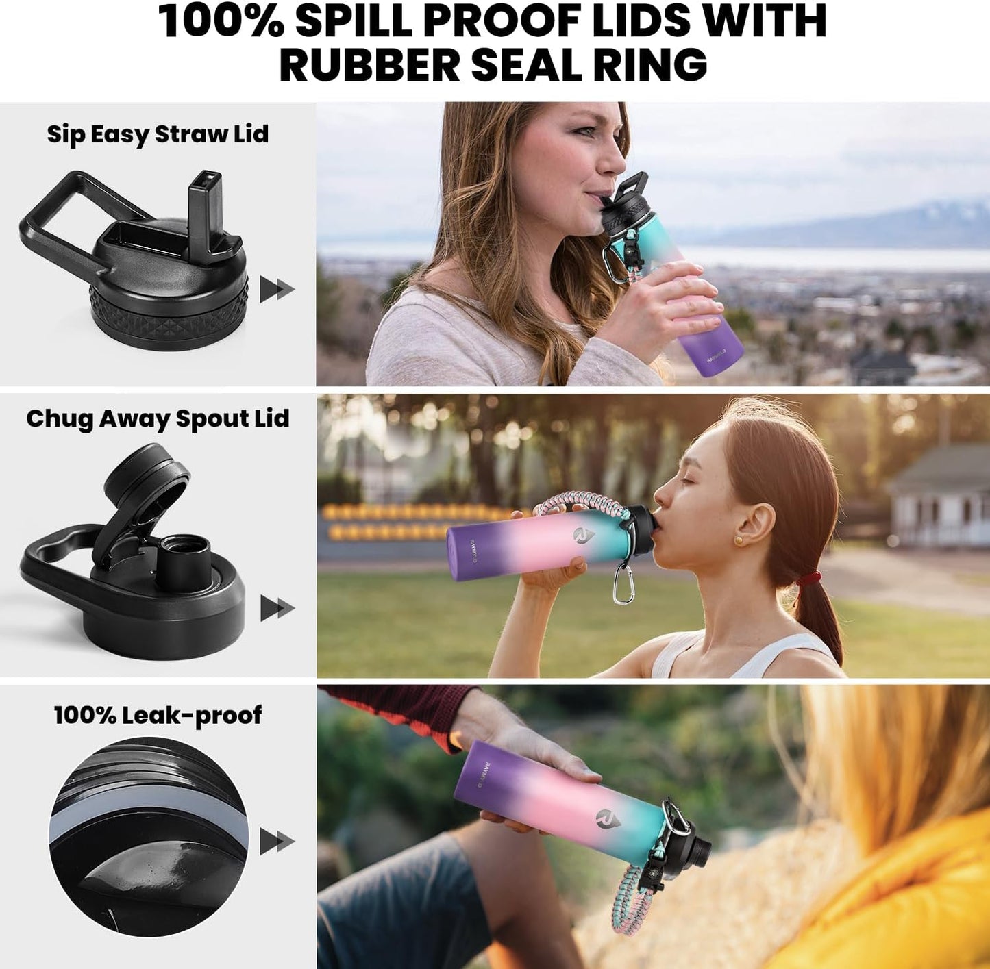 RAYMYLO One Gallon Water Bottle Insulated, Triple Walled Vacuum Stainless Steel (Cold for 48 Hrs), Leak Proof & Non-BPA, Large Water Flask Jug with Paracord Handle & Straw Spout Lids