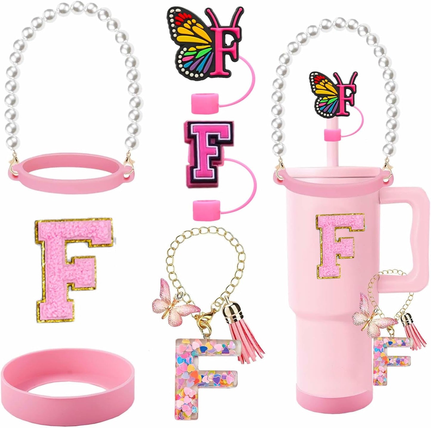 7pcs Cup Accessories for Stanley 30/40oz Tumbler, Handle Strap, Straw Cover, Silicone Boot, Letter Charm Stickers