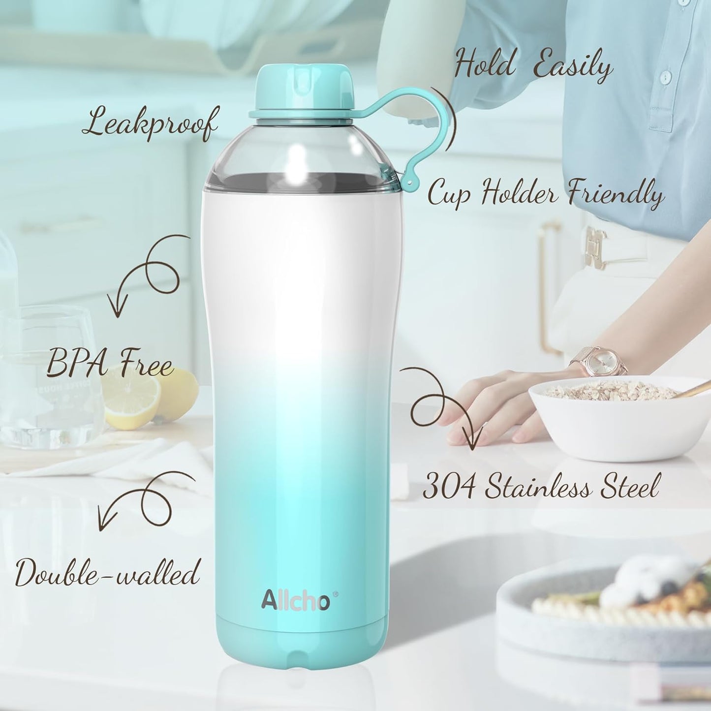 Allcho Insulated Water Bottle for Women, 18oz Stainless Steel Leak Proof Tumbler with 2 Lids, BPA-Free Tritan Chug & Straw Lid, Double Wall Vacuum Flask