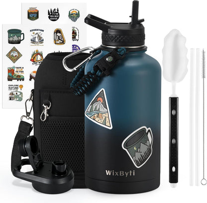 WixByti 40 oz Insulated Water Bottle with Straw (Cold for 36 Hrs), Stainless Steel Triple Wall Vacuum Sports Water Jug, Leakproof Hydro Cup Flask with Paracord Handle & Straw Spout Lids & DIY Stickers