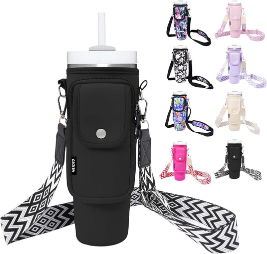 Water Bottle Holder with Strap for Stanley Cup 40/30oz, Insulated Neoprene Stanley Cup Holder with Strap for Tumbler with Handle Stanley Carrier Bag Cross-body Bag for Walking