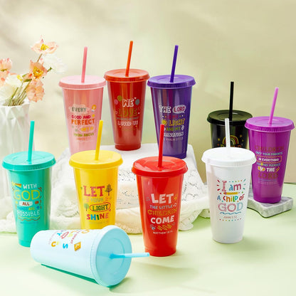 Uiifan 10 Pcs Christian Tumblers with Straws for Kids, Bible Verse Cups for VBS, Sunday School, Church Party Favors and Faith Gifts, Reusable Plastic Tumblers with Lids, 24 oz, White