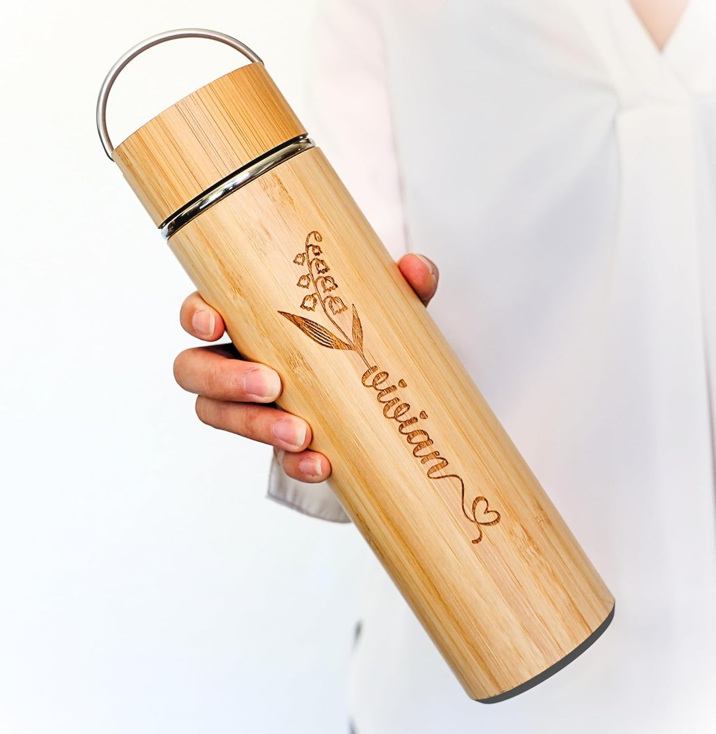 Bamboo Water Bottle Insulated Tea Tumbler for Men Birthday Gift, Women Travel Tea Set with Diffuser for Loose Tea Leaves, Stainless Steel Leak Proof Gift for Mom (15 oz)