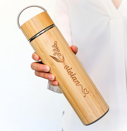 Bamboo Water Bottle Insulated Tea Tumbler for Men Birthday Gift, Women Travel Tea Set with Diffuser for Loose Tea Leaves, Stainless Steel Leak Proof Gift for Mom (15 oz)
