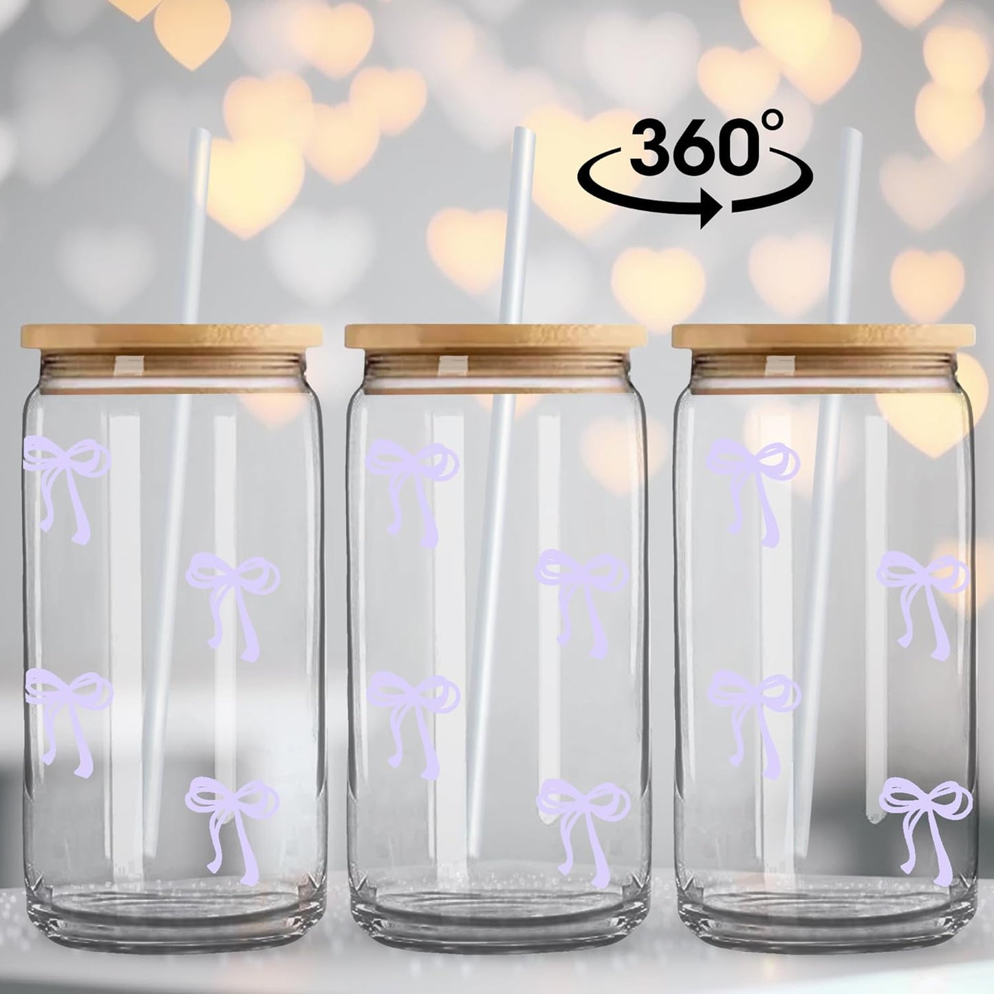 Coquette Cute Pink Bow Glass Cups with Lids and Straws, Aesthetic Iced Coffee Matcha Cup, Girly Preppy Design Tumbler Mug, Valentines Christmas Birthday Gifts for Women, Teen Girl Gifts Trendy Stuff
