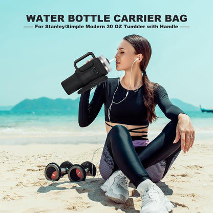 BULKITEM Water Bottle Carrier Bag with Phone Pocket for Stanley 40 & 30 oz Tumbler with Handle,Pink Insulated Neoprene Cup Holder Pouch w/Adjustable Strap for Quencher H2.0 Stanley Cup Accessories