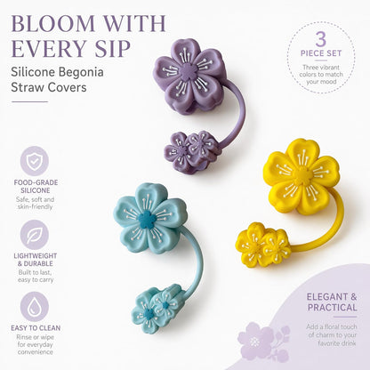 BTYHAOS Silicone Straw Caps for 10mm Tumblers | Reusable Dust-Proof Straw Toppers Compatible with Stanley 30oz & 40oz Tumblers (Purple Flower 3pc)