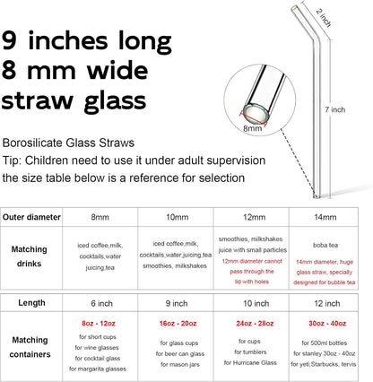 Borosilicate Glass Straws for 16 oz Tumbler, 9 inch 8mm BPA Free, Reusable Drinking Straws Clear Bent Skinny for Iced Coffee and Hot Drinks