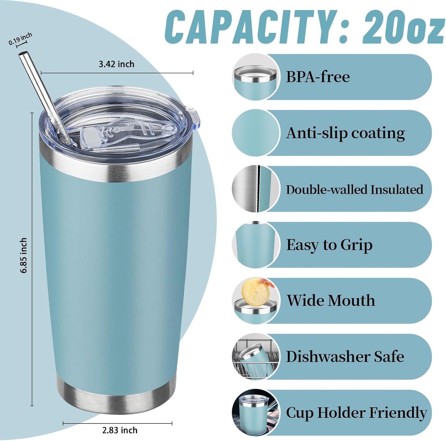 20 oz Tumbler with Lids and Straws, Stainless Steel Insulated Travel Coffee Mug, Double Wall Vacuum Insulated Tumblers, Powder Coated Coffee Tumbler for Cold & Hot Drinks (Light Purple)