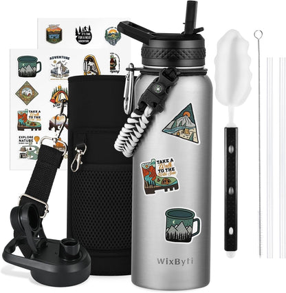 WixByti 40 oz Insulated Water Bottle with Straw (Cold for 36 Hrs), Stainless Steel Triple Wall Vacuum Sports Water Jug, Leakproof Hydro Cup Flask with Paracord Handle & Straw Spout Lids & DIY Stickers