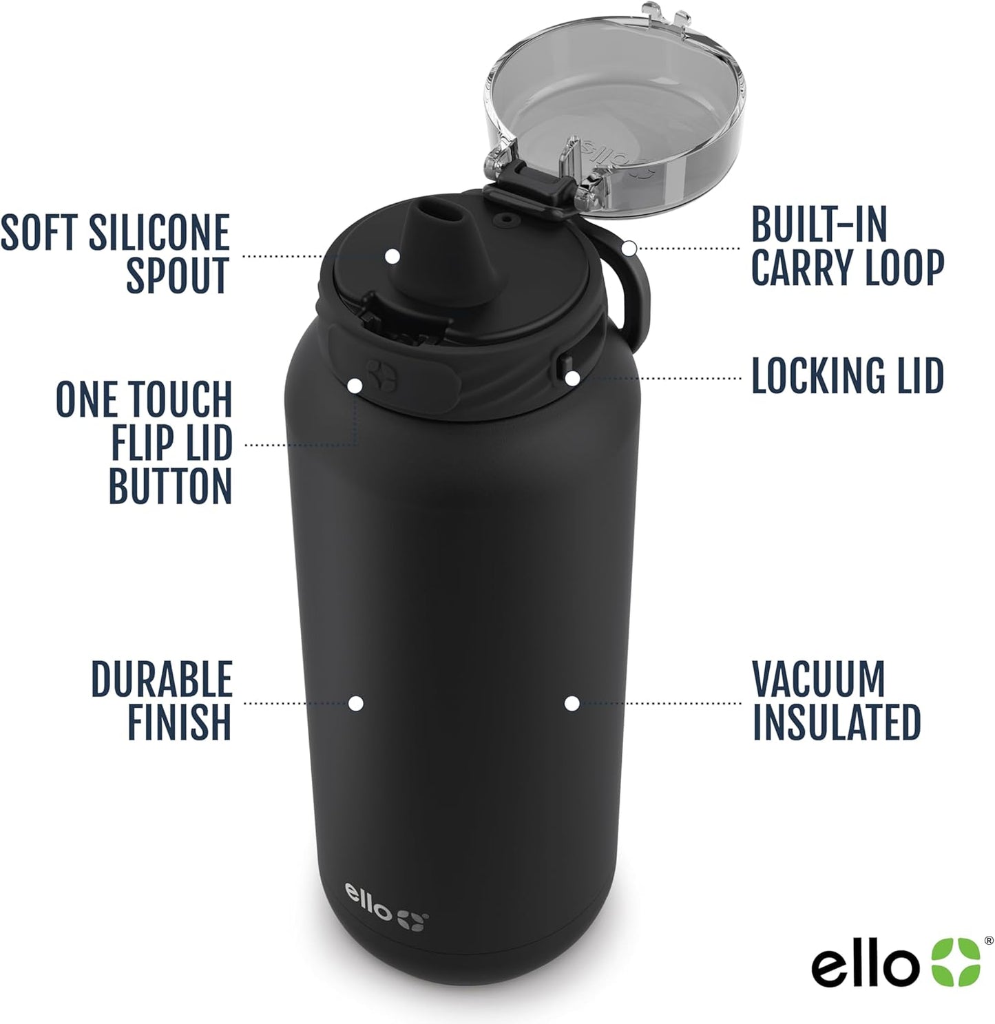 Ello Cooper 22oz Stainless Steel Water Bottle with Straw and Carry Handle, Double Walled and Vacuum Insulated Metal, Leak Proof Locking Lid with Soft Silicone Spout, Reusable, BPA Free, Lilac