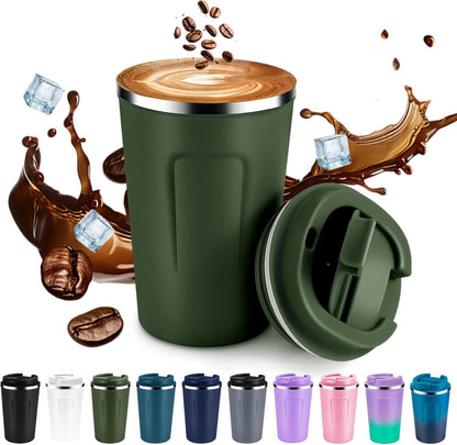 Volhoply 12 oz Double Wall Insulated Vacuum Travel Coffee Mugs with Flip Lid Bulk 2 Pack,Reusable Stainless Steel Leak Proof Coffee Cup,Portable Cafe Thermal Tumbler for Hot & Cold Drinks(Mix,2 Set)