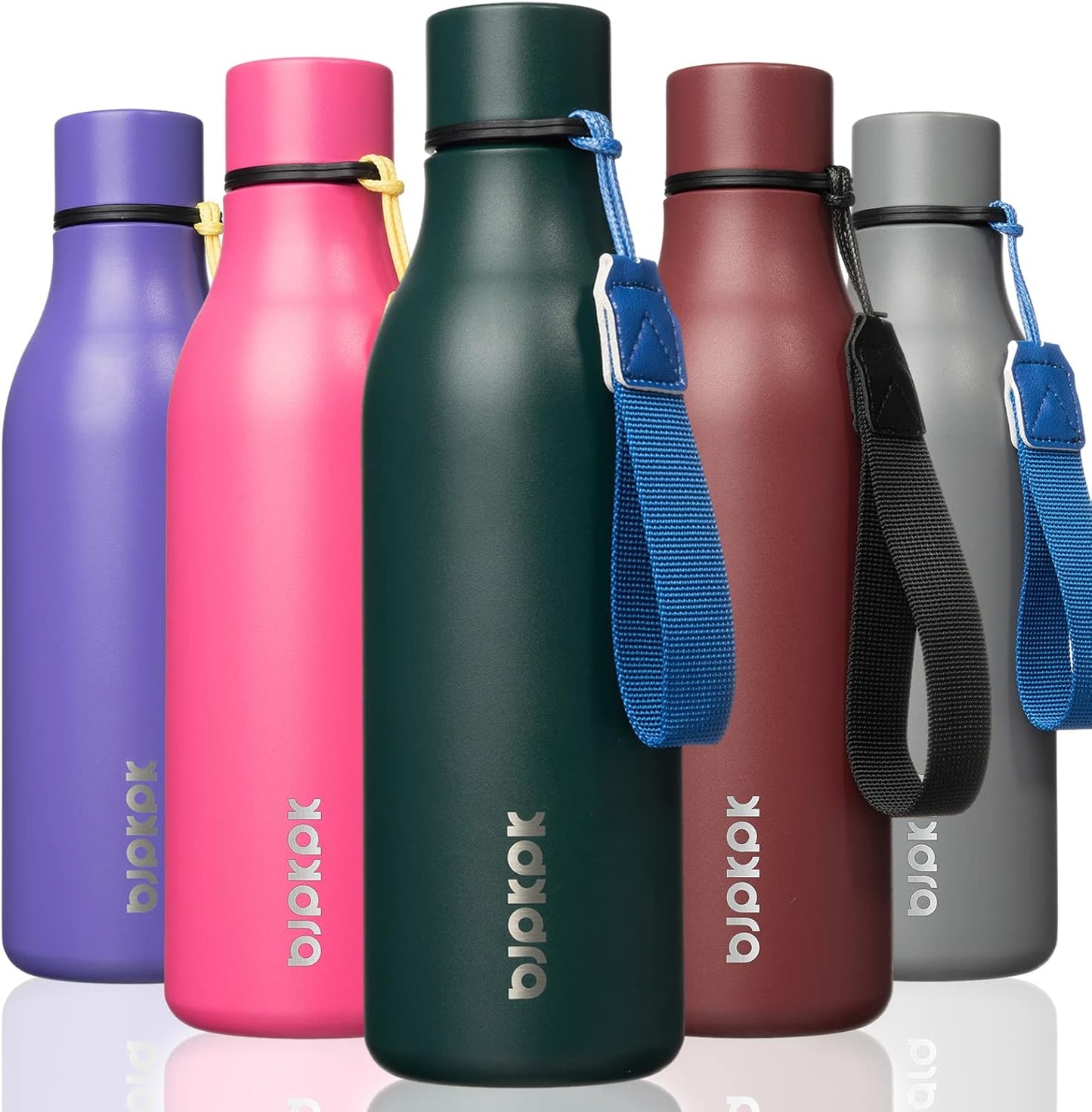 BJPKPK Insulated Water Bottles, 18 oz Stainless Steel Metal Water Bottle with Strap, BPA Free Leak Proof Jugs, Mugs, Flasks, Reusable Thermal Flasks for Sports & Travel, Black - Colors A
