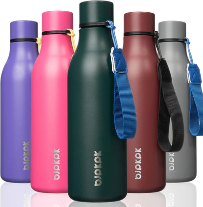 BJPKPK Insulated Water Bottles, 18 oz Stainless Steel Metal Water Bottle with Strap, BPA Free Leak Proof Jugs, Mugs, Flasks, Reusable Thermal Flasks for Sports & Travel, Black - Colors A