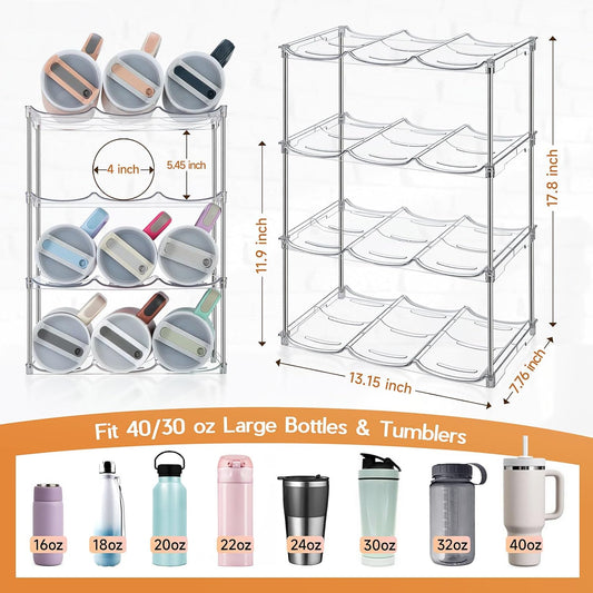 Sbosbo Water Bottle Organizer for Stanley 40 oz Tumbler, Stackable Water Bottle Holder for Kitchen Fridge Cabinet Organization and Storage, Plastic Wine Rack/Drink Bottle Holder (4 Pack - Hold 12)