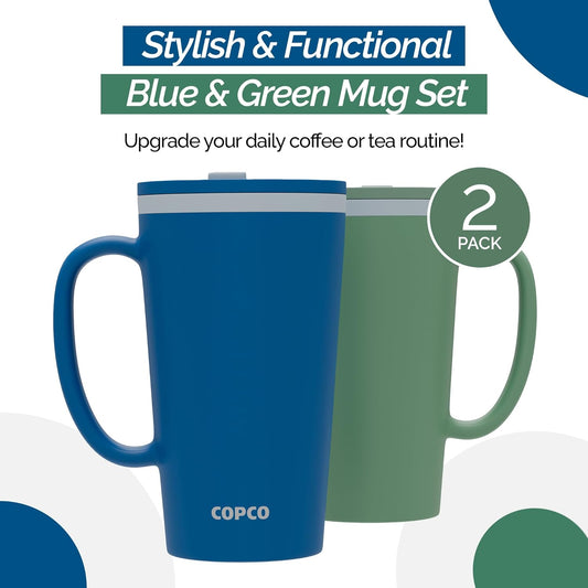 Copco Cone Desk Mug, 16 oz (Set of 2) - Double Wall Insulated Mugs with Handle, Reusable Tumbler Set with Twist-Off Spill Resistant Lid, BPA-Free, Microwave & Dishwasher Safe (Orange/Mustard)