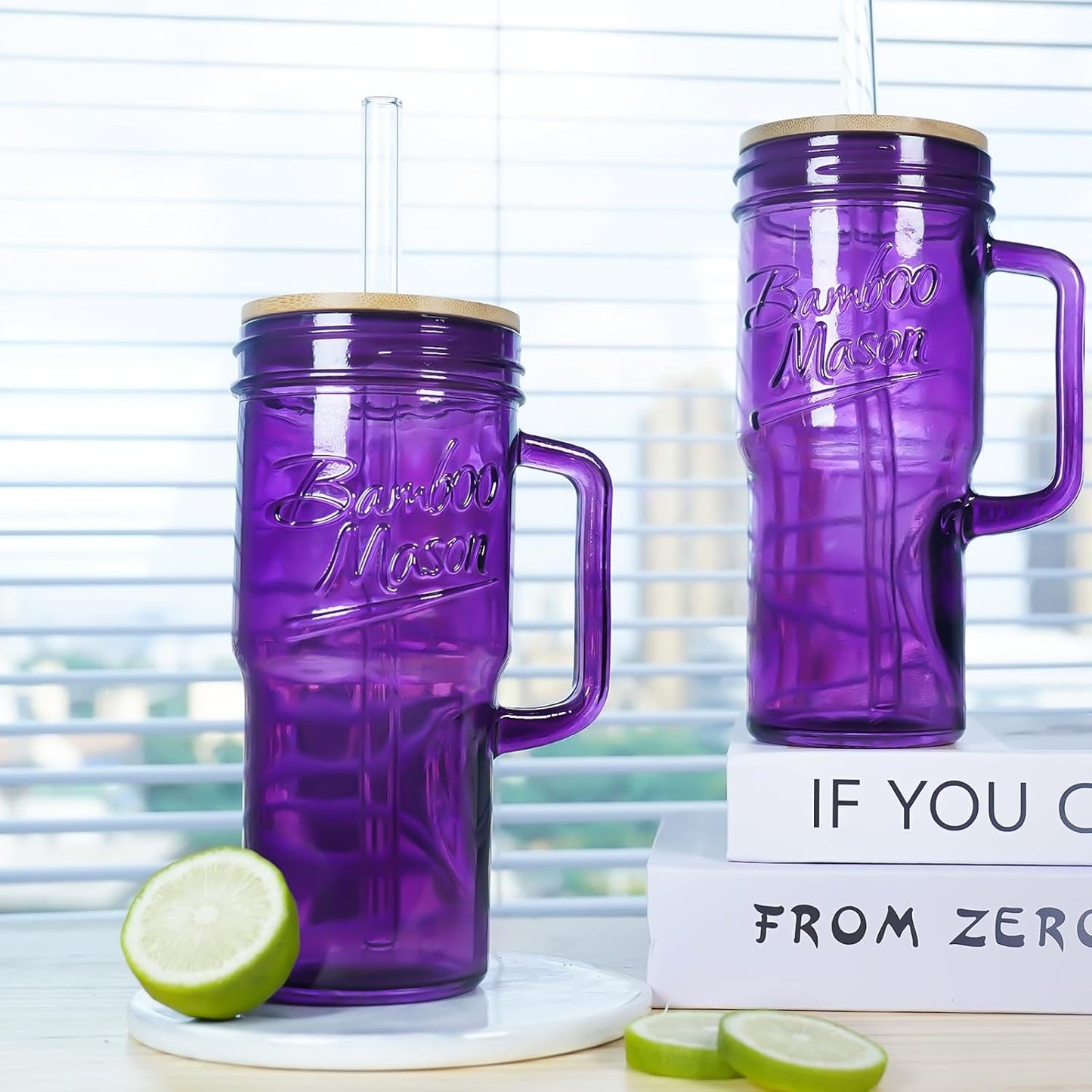 ANOTION Bamboo Mason Leakproof Mason Jar Cups with Lids and Straws, Cap Cup 24oz Glass Tumbler with Handle, Rotating Lid Silicone Straw, Reusable Iced Coffee Matcha Cup Coffee Gifts for Women 2pc