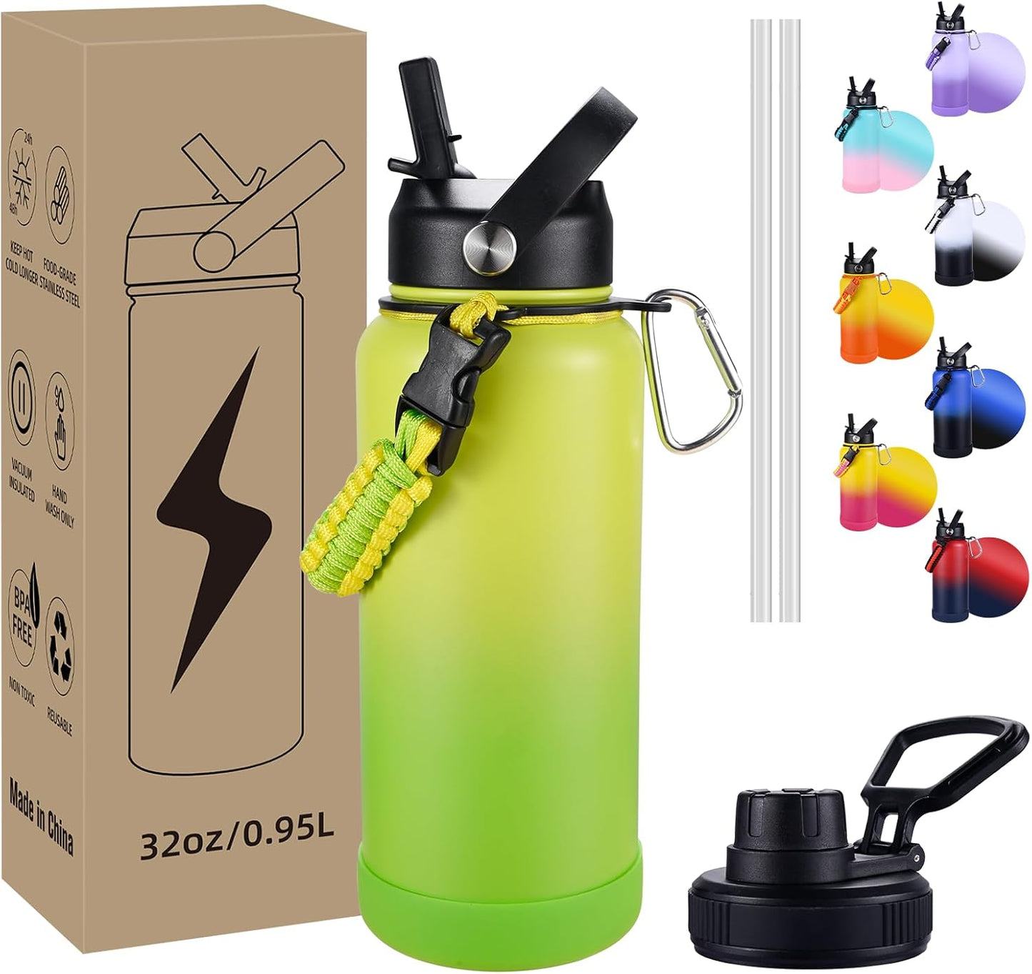 Insulated Water Bottle, 32 oz Stainless Steel Wide Mouth Water Bottles with 2 Leak Proof Lid and Paracord Handle, Double Wall Vacuum Insulated Sports Water Bottle, Purple Black