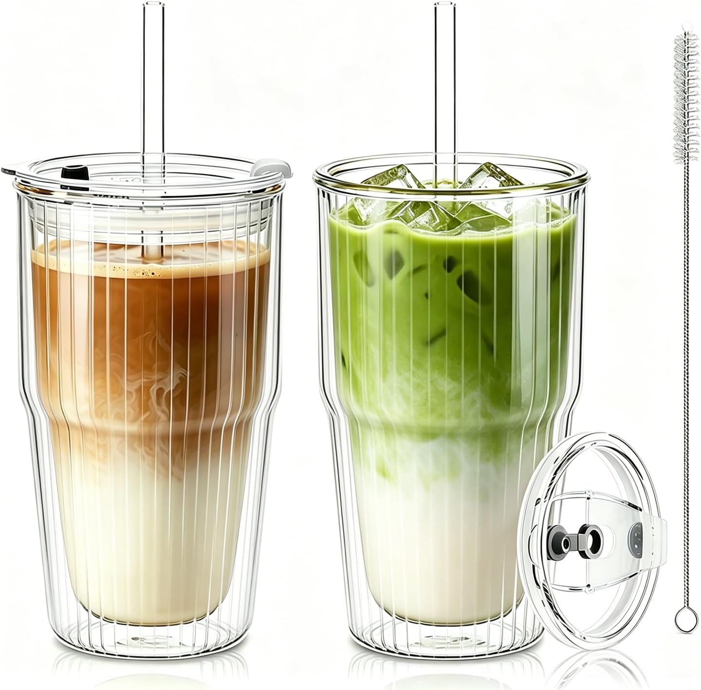 KEMORELA 16oz Ribbed Glass tumbler with Lids and Straws 2pcs,Double Wall Iced Coffee Cups with Lids,Coffee Bar Accessories, Insulated Borosilicate Glass Tumblers, To Go Coffee Cups, Spill proof