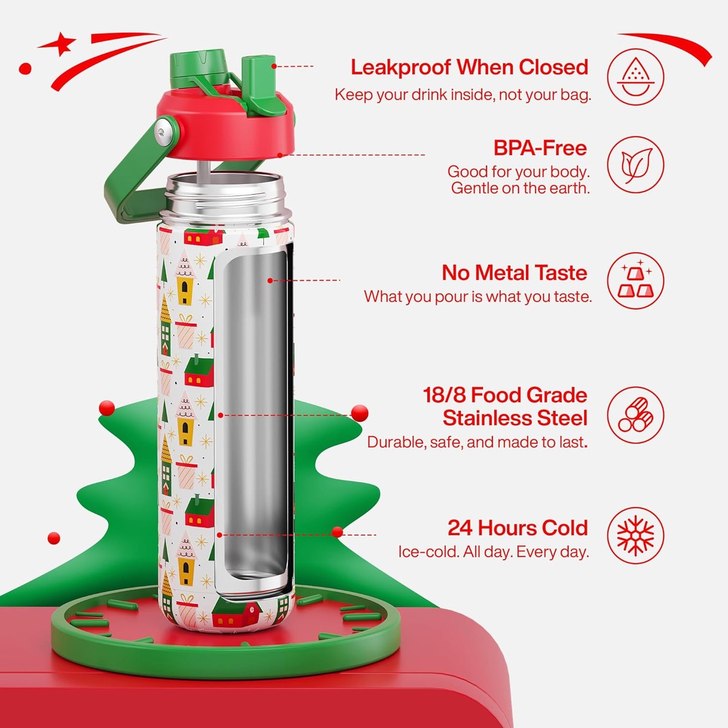 ENCOOL Insulated Water Bottle with Straw Stainless Steel Water Bottle, Leak-Proof, BPA-Free, Double Wall Vacuum Keeps Cold for 24 Hours for Sports, Travel, School (26 oz, Cotton Candy) - Colors D